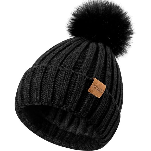 Women\'s Winter Warm Black Beanie Fleece Lined Skull Faux Fur Pom Cuff Hat Cap main image 4